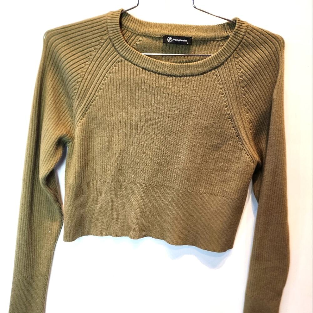 New‎ Crewneck Ribbed Crop Top Sweater Knit Long Sleeve Top Green Size L